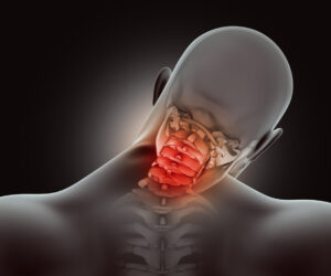 3D render of a medical background with male figure with neck bones highlighted in pain